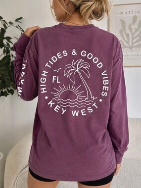 Comfort Colors Maroon Key West “High Tides & Good Vibes” Long Sleeve Tee S NWT